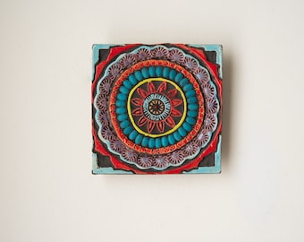 Boho Style Wall Art - Ceramic and Mosaic Tile Mounted Square Wall Art MADE to ORDER - Suzani Red Star with Coral Center