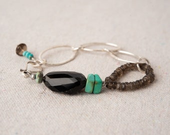 Chunky Chain Link Loop Bracelet with Smoky Quartz and Turquoise - READY to SHIP