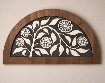 Arched Wall Art, Black and White Original Art, Arched Ceramic Wall Art, Halfmoon - MADE to ORDER - Blossoms and Vine