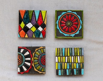 Ceramic Wall Sculpture Set of 4 Squares, Mounted Wall Art Set, Modern Wall Art, Mod, MADE to ORDER