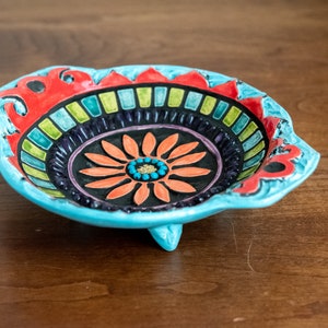 Small Footed Trinket Dish with Handles, Hand-built and Hand-carved Ceramic and Mosaic Art Bowl Suzani Flower MADE to ORDER image 6