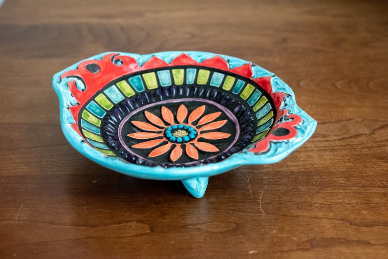 Small Footed Trinket Dish with Handles, Hand-built and Hand-carved Ceramic and Mosaic Art Bowl Suzani Flower MADE to ORDER image 6