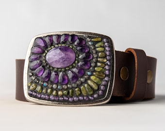 Amethyst Belt Buckle, Assorted Semiprecious Stones, Optional Leather Belt