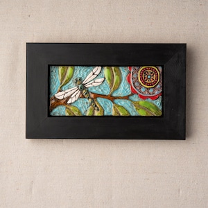 Tile Wall Art, Mosaic Art in Wood Frame - Dragonfly - Colorful Flowers and Semiprecious Stones, Horizontal or Vertical, MADE to ORDER