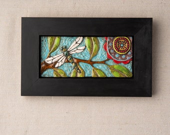 Tile Wall Art, Mosaic Art in Wood Frame - Dragonfly - Colorful Flowers and Semiprecious Stones, Horizontal or Vertical, MADE to ORDER