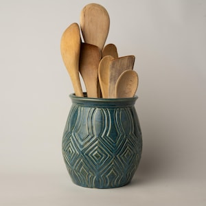 Utensil Holder - Handcarved Stoneware Ceramic - Ready to Ship - Bluegrass