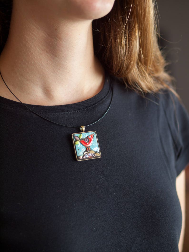 Pendant Necklace with Red Bird, Ceramic Pendant Necklace for Women, MADE to ORDER image 7