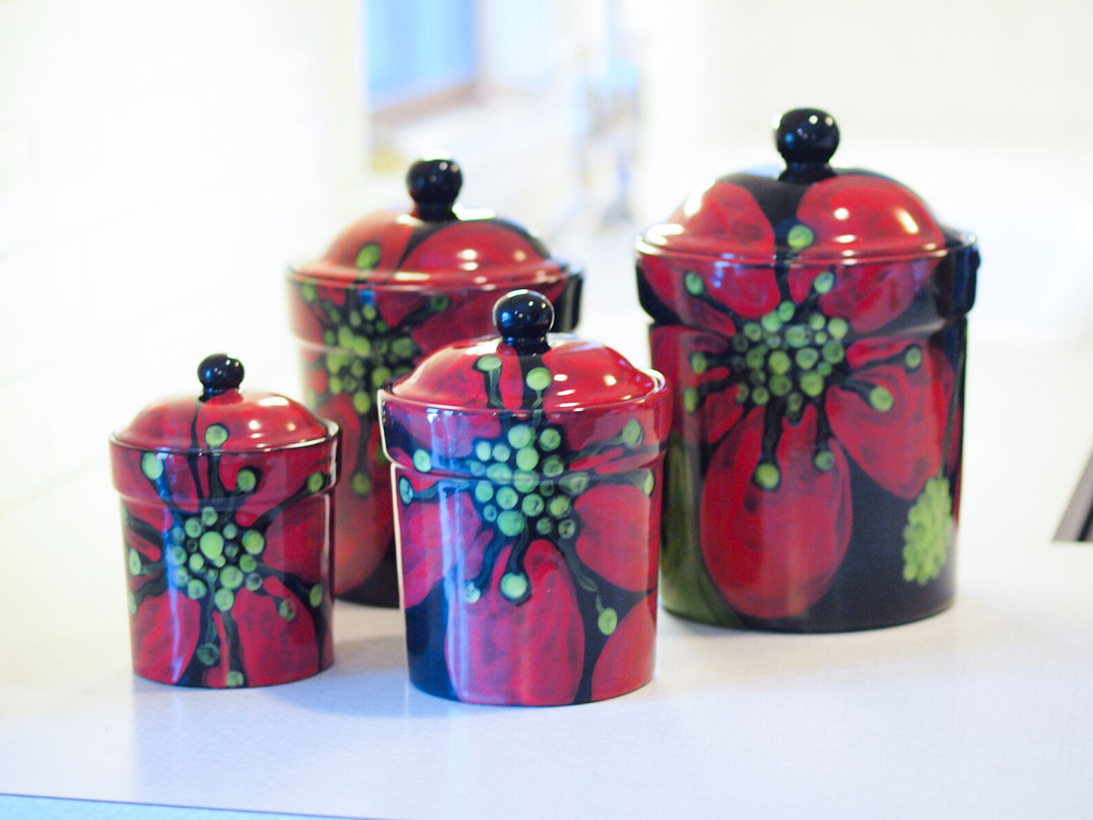 Canister Set Ceramic Kitchen Canisters in Red Poppy Pattern Etsy