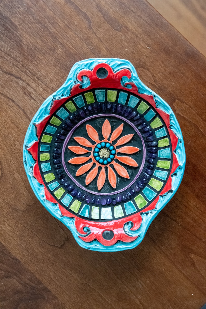 Small Footed Trinket Dish with Handles, Hand-built and Hand-carved Ceramic and Mosaic Art Bowl Suzani Flower MADE to ORDER image 1