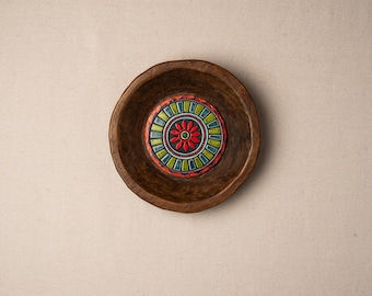 Vintage Indian Dough Bowl with Handmade Ceramic and Mosaic Tile, READY to SHIP, Deep Framed Mosaic, Suzani - Red Petals