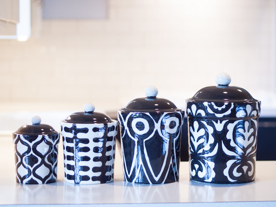 Black and White Ceramic Kitchen Canister Set READY to SHIP Etsy