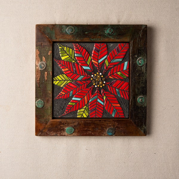 Poinsettia Wall Art - MADE to ORDER - Ceramic and Mosaic Wall Art in Vintage Indian Wood Frame