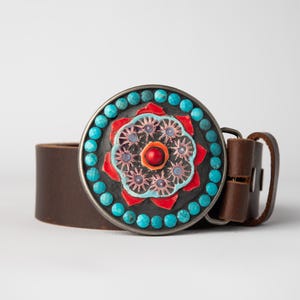 Flower Belt Buckle, Round Ceramic and Turquoise Belt Buckle with Optional Leather Belt