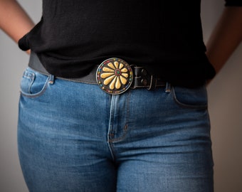 Daisy Belt Buckle, Round Ceramic and Turquoise Belt Buckle with Optional Leather Belt, MADE to ORDER