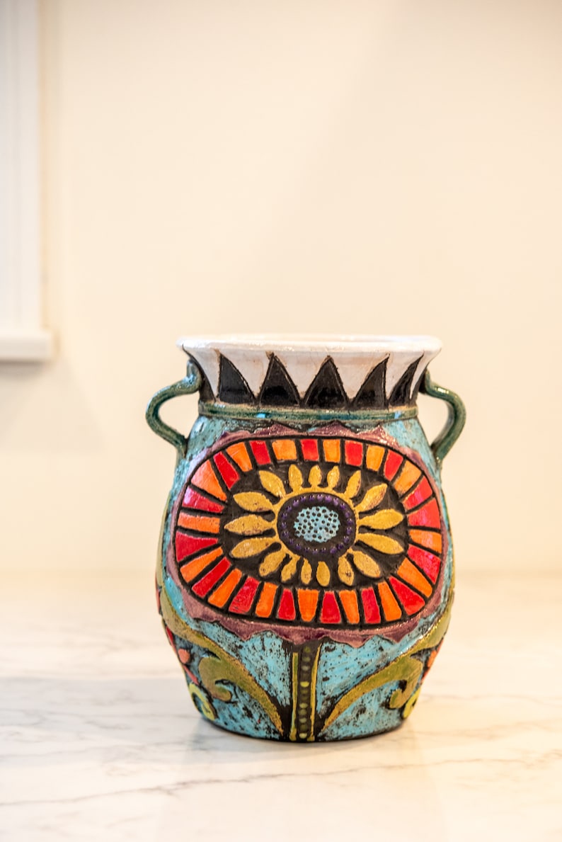 Vase for Flowers, Hand Thrown and Hand Carved Ceramic and Mosaic Vase MADE to ORDER Bold Blossom image 3