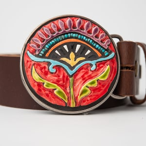 Flower Belt Buckle MADE to ORDER Ceramic Belt Buckle for Women with optional Leather Belt - Blossom Queen on Red