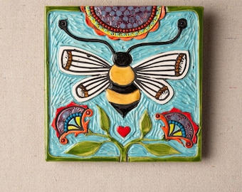 Honigbiene handgemachte Fliese, Keramik-Mosaik-Wandkunst, 8-Zoll-Quadratfliese: Geflügelte Wunder-Serie