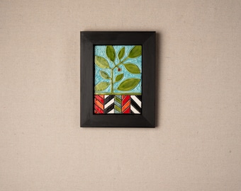 Ceramic and Mosaic Wall Art in Vintage Frame - READY to SHIP - Green Vine Geo