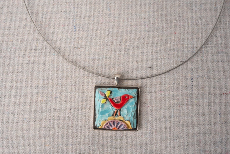 Pendant Necklace with Red Bird, Ceramic Pendant Necklace for Women, MADE to ORDER image 1