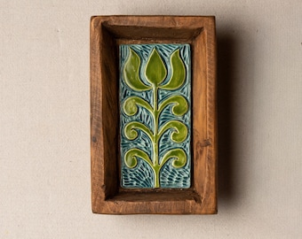 Ceramic Wall Art, Handmade Tiles Framed - Green Lotus (MADE to ORDER)