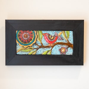 Tile Wall Art, Mosaic Art in Wood Frame - Bird on Branch - Colorful Flowers and Semiprecious Stones, Horizontal Art, READY to SHIP