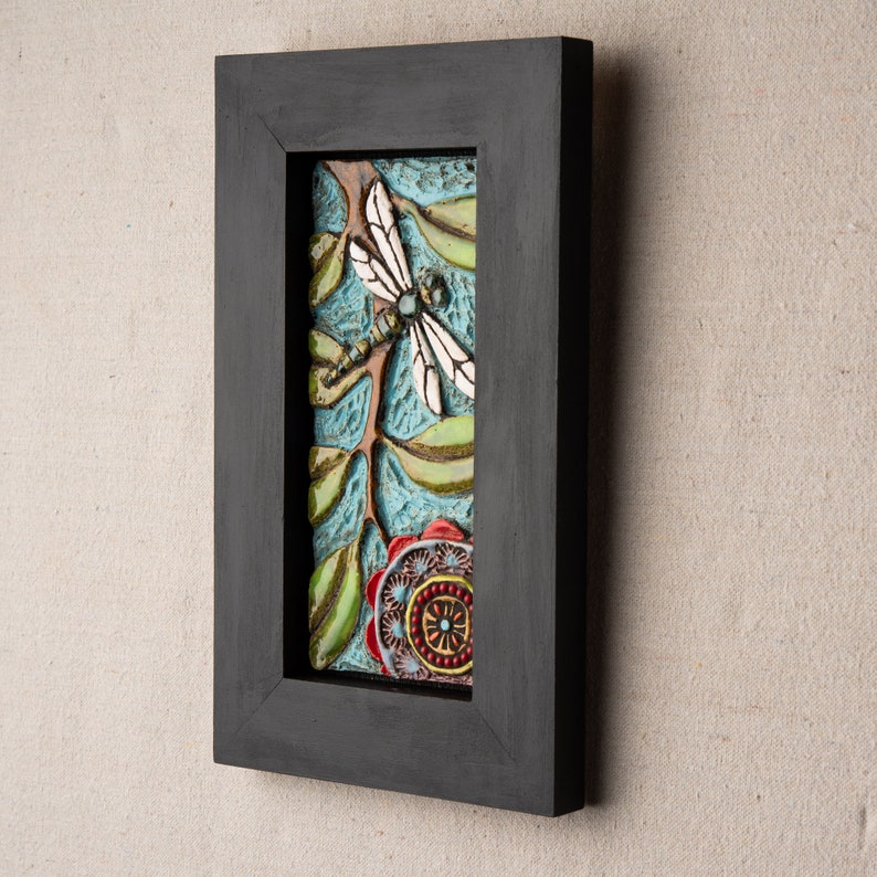 Tile Wall Art, Mosaic Art in Wood Frame Dragonfly Colorful Flowers and Semiprecious Stones, Vertical or Horizontal, MADE to ORDER image 2