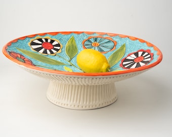 Whimsical Footed Bowl, Ceramic Pedestal Bowl - READY to SHIP - "Garden Party"