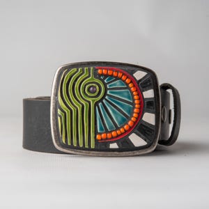 Belt Buckle - Handmade Ceramic Tile Belt Buckle with Optional Leather Belt, MADE to ORDER - Good Vibes