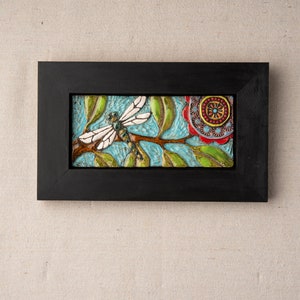 Tile Wall Art, Mosaic Art in Wood Frame Dragonfly Colorful Flowers and Semiprecious Stones, Vertical or Horizontal, MADE to ORDER image 5