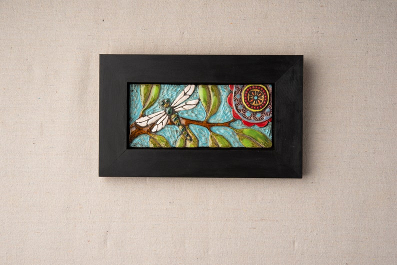 Tile Wall Art, Mosaic Art in Wood Frame Dragonfly Colorful Flowers and Semiprecious Stones, Vertical or Horizontal, MADE to ORDER image 5