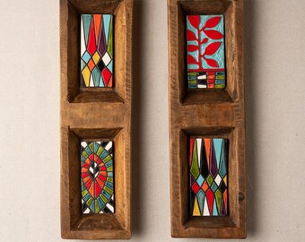 Ceramic Wall Sculpture (one - choose from two) Handmade Tiles Framed - MADE to ORDER - Rectangle Double Dough Bowl - Harlequin / Red Vine