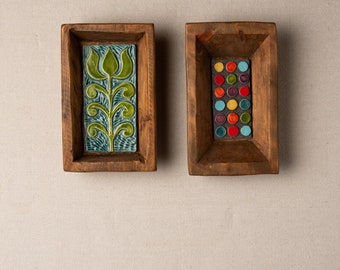 Ceramic Wall Sculpture (one - choose from two) Handmade Tiles Framed - MADE to ORDER - Rectangle Dough Bowl - Green Lotus / Dots