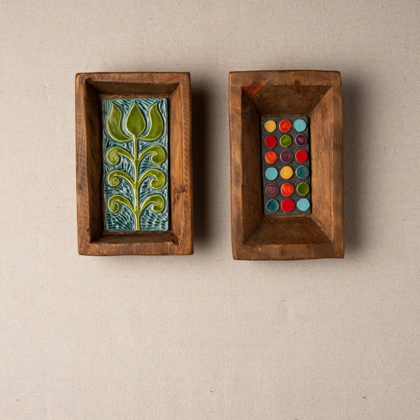 Ceramic Wall Sculpture (one - choose from two) Handmade Tiles Framed - MADE to ORDER - Rectangle Dough Bowl - Green Lotus / Dots