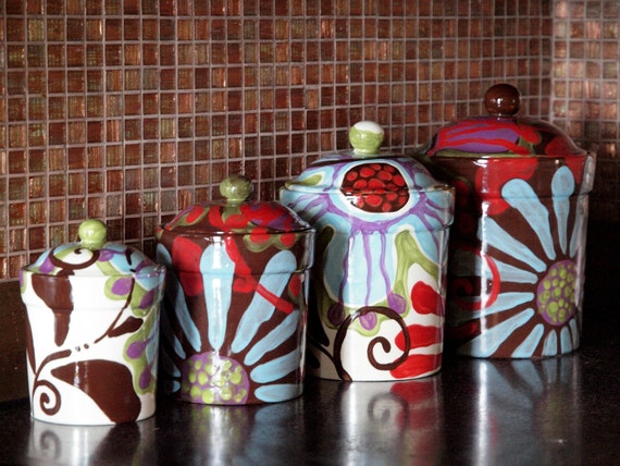 Ceramic Kitchen Canister Set Of 4 In Urban Fusion Pattern Etsy