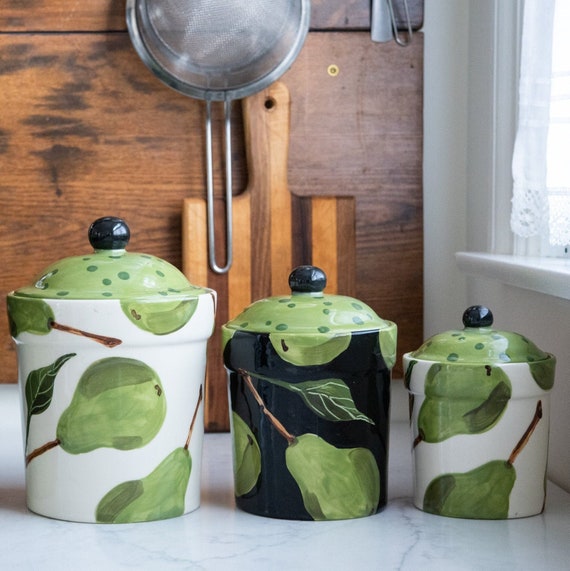 Ceramic Kitchen Canister Set in Green Pear Black and White Etsy