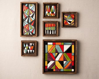 Pure Geometry Handmade Tile Framed Set of 6 Ceramic Wall Sculpture - READY to SHIP by Romy and Clare