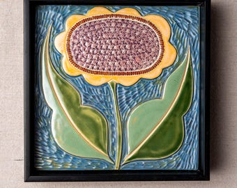 Ceramic Wall Sculpture, Handmade Tile Framed: Sunflower