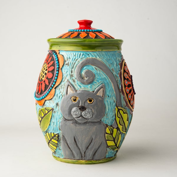 Canister - Hand Carved Stoneware Ceramic and Mosaic Jar - MADE to ORDER by Romy and Clare - Garden Cat