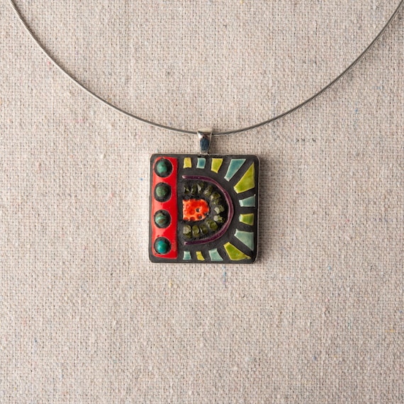 Good Vibes Pendant Necklace for Women, includes Gift Pouch, Ceramic Tile Necklace