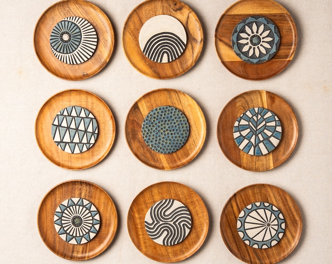 Featured listing image: Blue and White Rondelle Sets / Handmade Stoneware Tiles / Ceramic Wall Sculpture MADE to ORDER