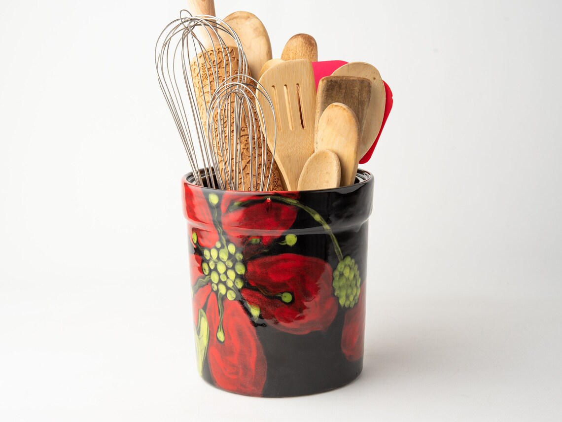 Utensil Crock Red Poppy Ceramic Utensil Holder XL Kitchen Etsy