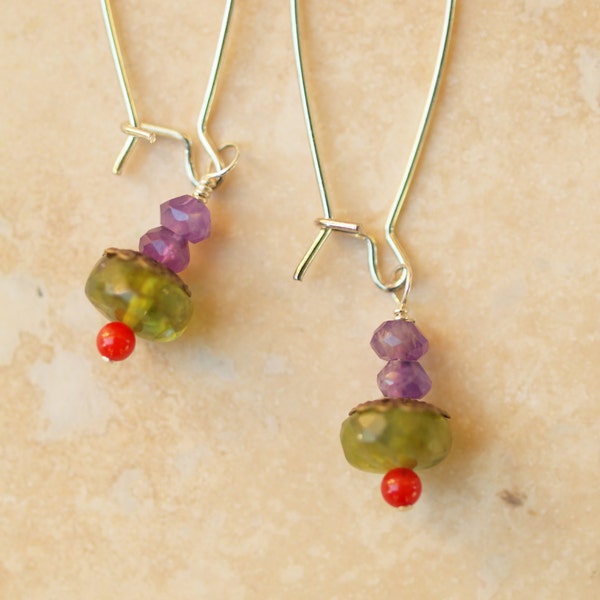 Colorful Earrings - Peridot, Amethyst and Coral on Silver Plated Dangle Earrings on Push Back Wires, MADE to ORDER