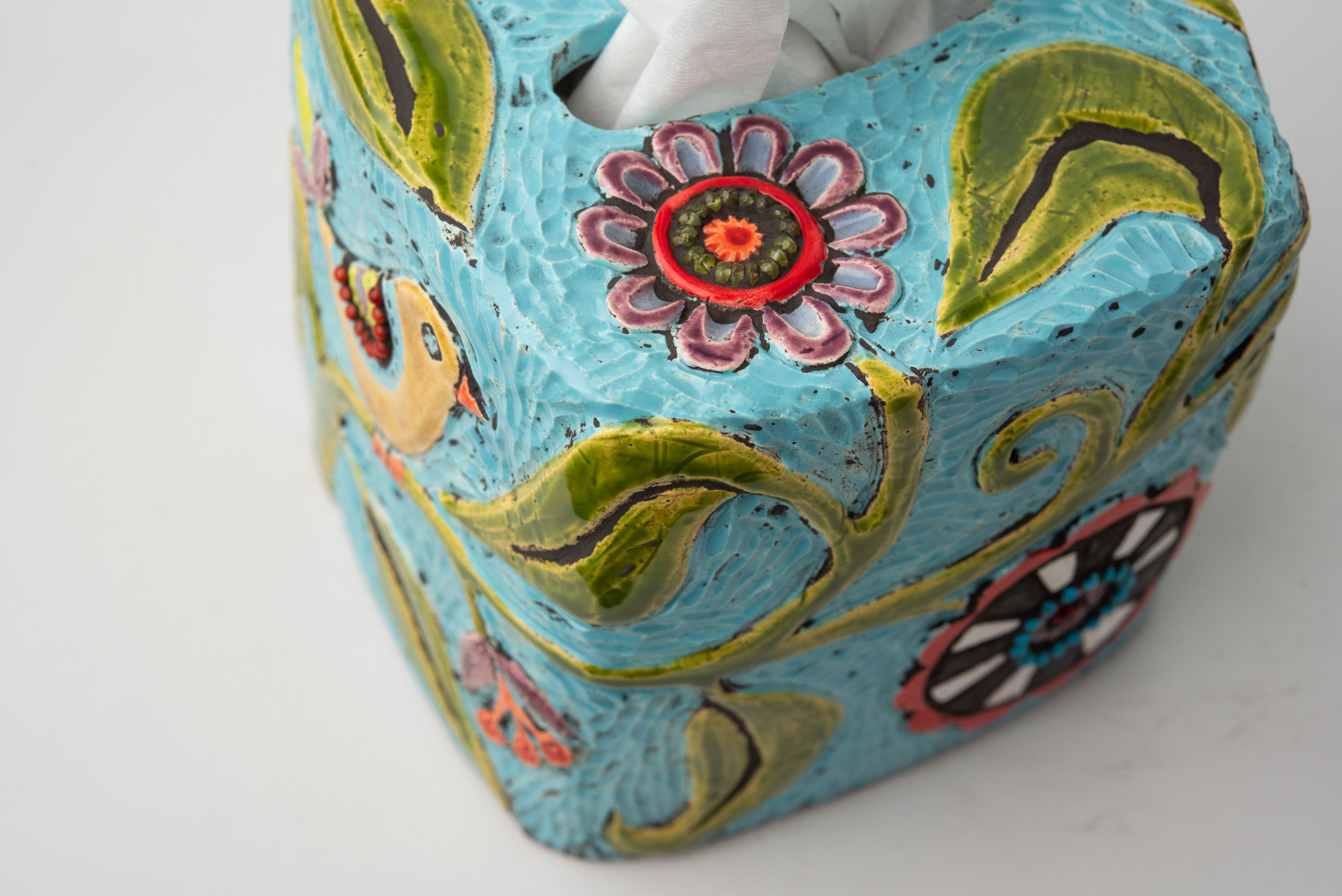 Tissue Box Cover, Hand Carved Ceramic Birds and Blossoms Square