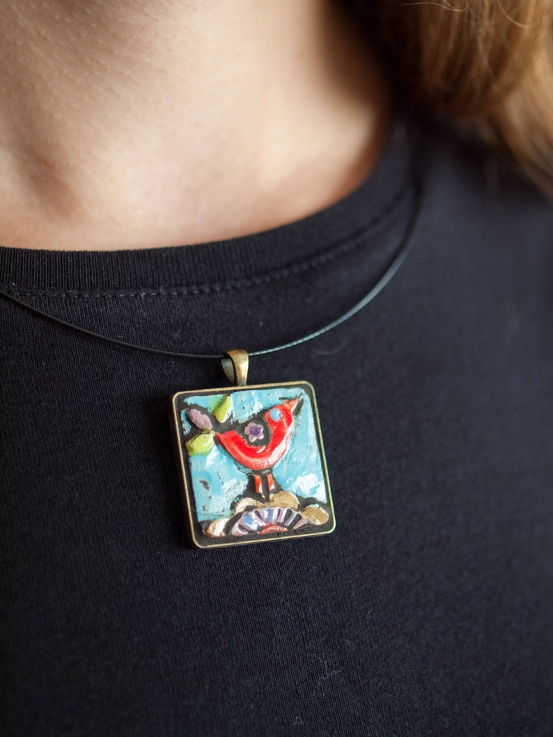 Pendant Necklace with Red Bird, Ceramic Pendant Necklace for Women, MADE to ORDER image 2