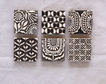 Ceramic Wall Sculpture Set of 6, Mounted Square Wall Art Set - Black and White Modern Motifs: Blossom - MADE to ORDER by Romy and Clare