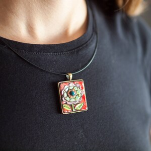 Pendant Necklace for Women, includes Gift Pouch, Ceramic Tile Necklace - Blossom Square Pendant Necklace -  READY to SHIP