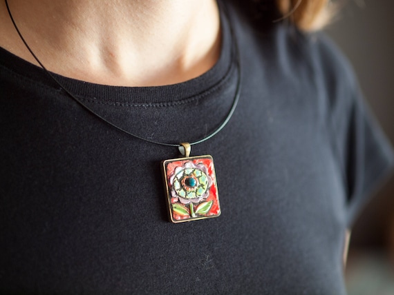 Pendant Necklace for Women, Mosaic Necklace, Ceramic Tile Necklace -Blossom Square Pendant Necklace - MADE to ORDER
