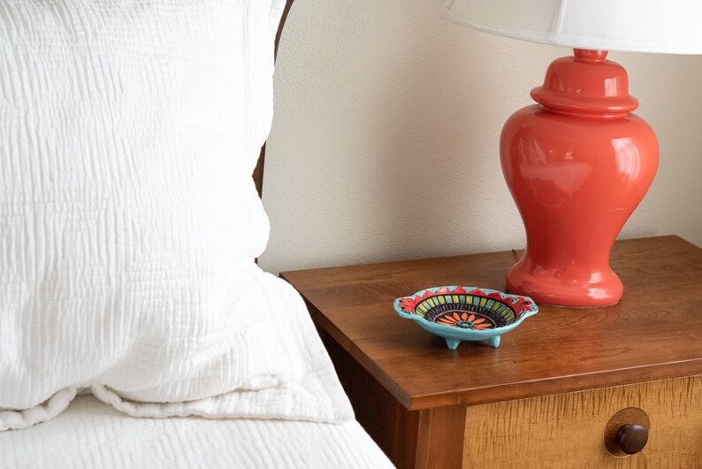 Small Footed Trinket Dish with Handles, Hand-built and Hand-carved Ceramic and Mosaic Art Bowl Suzani Flower MADE to ORDER image 7