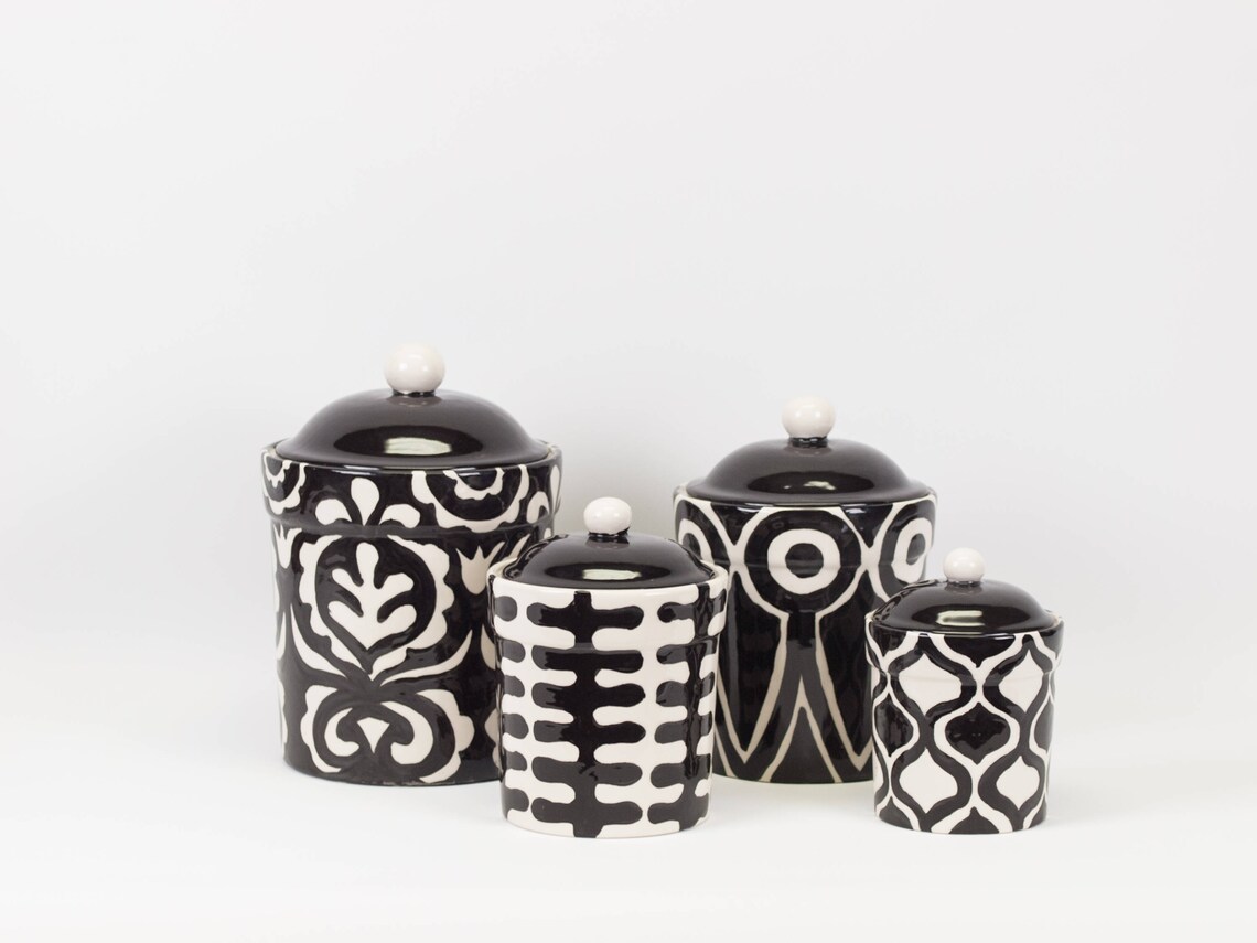 Black and White Ceramic Kitchen Canister Set READY to SHIP Etsy