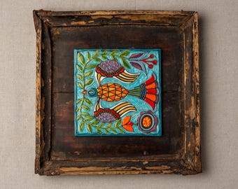 Ceramic and Mosaic Wall Art: Vintage Wood Tea Tray Frame - Folk Bird